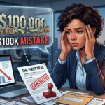 An illustration of a distressed female entrepreneur at an office, staring at a canceled contract on her desk while clutching her head. Her costly error is highlighted by a floating hologram of a crumbled '$100,000' sign with sacks of cash, while a shining lightbulb symbolizes the creative solution that rescued her company.
