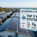 Aerial view of residential solar panel rooftops with a graphic overlay highlighting top solar system failures like faulty wiring and inverter errors.