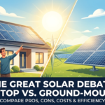 Split illustration comparing rooftop solar panels on a house with ground-mounted solar panels in an open field under bright sunlight.