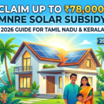An animated infographic showing an Indian couple and their child in front of a modern house with solar panels on the roof. The image includes text: "CLAIM UP TO ₹78,000! MNRE SOLAR SUBSIDY" and "2026 GUIDE FOR TAMIL NADU & KERALA." Graphics of electric cars, lightbulbs, power lines, and a money bag are surrounding them, all set in a bright, sunny coastal landscape with palm trees and a view of the ocean.