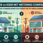 Split comparison graphic illustrating TNEB vs KSEB net metering policies with rooftop solar setups across the Tamil Nadu and Kerala border, highlighting key differences in tariffs, billing cycles, and grid fees.