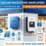 Comparison infographic between a standard string solar inverter for daytime grid savings and a smart Deye hybrid inverter with battery power backup.